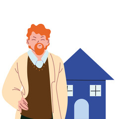 red hair man cartoon in front of house vector design