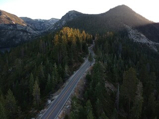 Aerial view of road in a forest at Tahoe Lake, USA