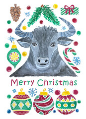 Christmas postcard with bull head, watercolor illustration, symbol of new year 2021