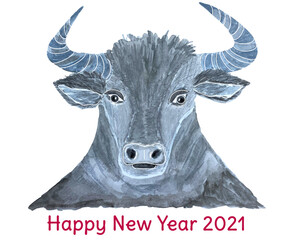 Bull head watercolor illustration, symbol of new year 2021
