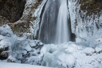 Wahkeena falls following an ice storm in the Columbia River Gorge, east of Portland, Oregon