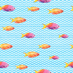 Seamless pattern with tropical fish and wave ornament. Watercolor illustration.