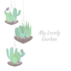 Cute pastel postcard designed with cactuses. Vector