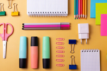 student's or office desk with stationary