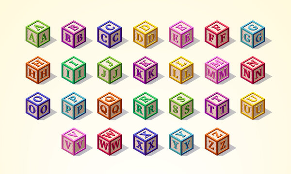 Multicolored Alphabet Or ABC Kid Blocks Latin Font In Isometric Style, From A To Z