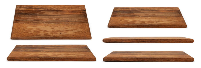 Wooden chopping Board isolated on white. Set of Cutting Boards in different angles shots in collage...