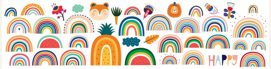 Colorful Summer trendy rainbows vector illustrations. Rainbows and doodles collection. Rainbows, cute animals and flowers	 - 366370087