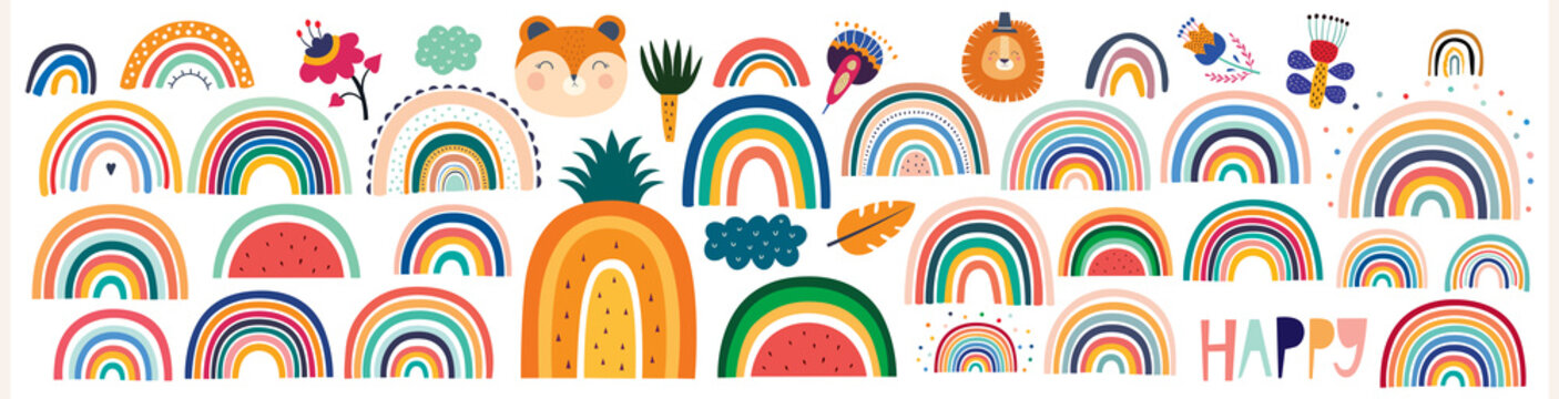 Colorful Summer trendy rainbows vector illustrations. Rainbows and doodles collection. Rainbows, cute animals and flowers	
