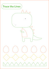 Trace the lines - Worksheet for handwriting practice - Dinosaur