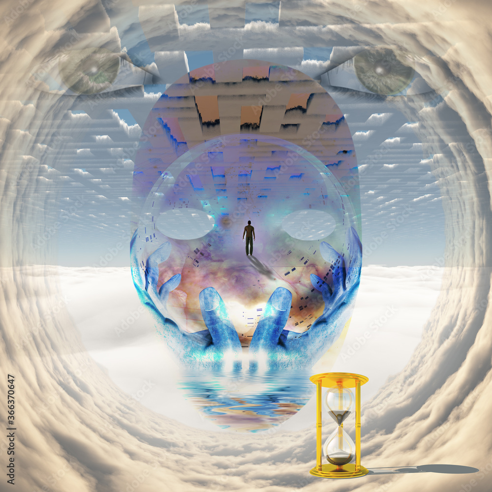 Poster man in clouds tunnel, god's face. 3d rendering