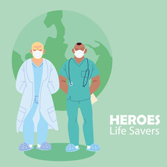 men doctors with medical masks in front of world vector design