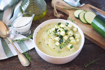 Zucchini vegretable cream soup, thyme and olive oil dressing