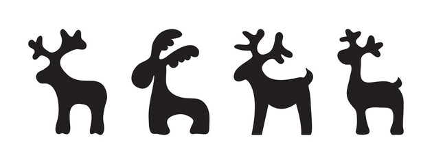 Christmas reindeer, animals holiday toys, black silhouettes isolated on white background. Vector illustration