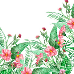 Watercolor hand painted nature tropical floral corner frame with green palm and eucalyptus leaves, pink peony flowers and milk thistle bouquet on the white background for invite and greeting cards