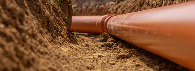 Plastic pipes in the ground during the construction of a building, bunner with copy space - obrazy, fototapety, plakaty