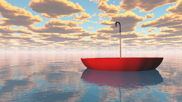 Red upturned umbrella floating on water surface. 3D rendering