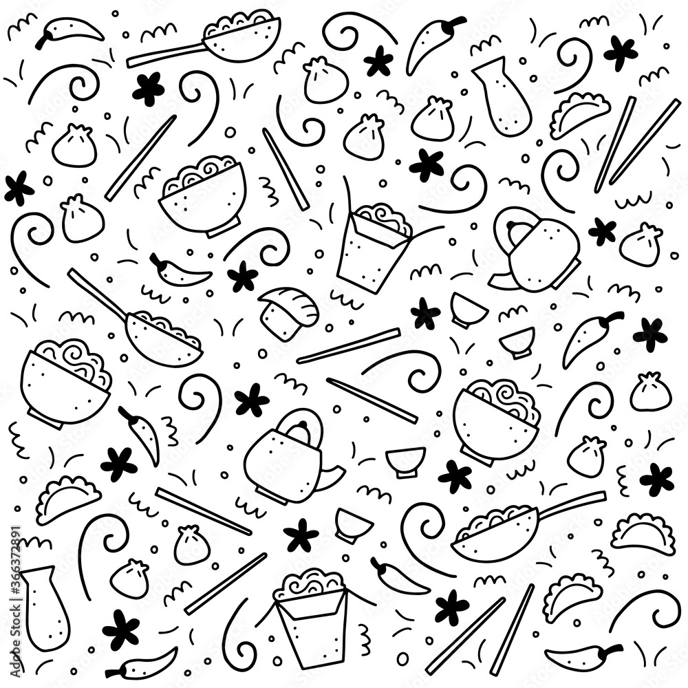 Wall mural hand drawn set of asian food elements, wok, ramen, noodle, soy. doodle sketch style. asian food elem