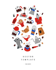 Coffee banner arrangement, utensils, tools and crockery for coffee drinks preparation, collection of isolated vector doodle illustrations, hand drawn cartoon style, good as banner or poster