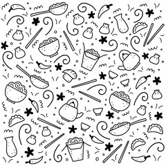 Hand drawn set of Asian food elements, wok, ramen, noodle, soy. Doodle sketch style. Asian food element drawn by digital pen. Vector illustration for menu, frame, recipe design.