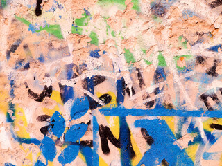 Great colorful background or texture. Abstract concrete aged with cracks, scratches and remnants of old paint in different shades. Bully smeared paint on the walls of an old building. Rough surface