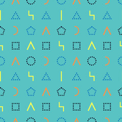 Memphis style seamless pattern. Wrapping paper texture. Geometric dashed and solid line shapes with turquoise backdrop. Vector. Abstract cover design. Pattern template in swatches panel.