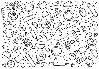 Hand drawn set of bakery and baking elements, bread, pastry, croissant, cake, donut. Doodle sketch style. Bakery element drawn by digital pen. Vector illustration for menu, frame, recipe design.