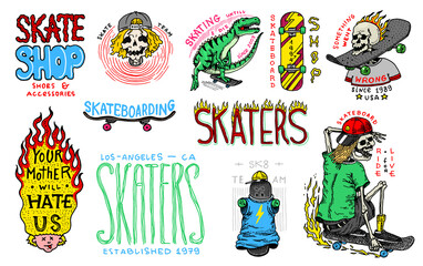 Skateboard shop badges and logo set. Vintage retro Templates for t-shirts and typography. Street dinosaur and skeletons ride on the boards concept. Fiery head and skull. Hand Drawn engraved sketch.