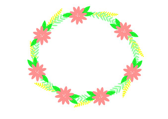 A wreath of flowers. Floral circle. The pink flowers of the plant, green and yellow tickets. Beautiful wreath.