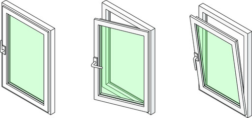 Diagram showing a casement window in three different positions: closed, tilted open for ventilation, and swung fully open.