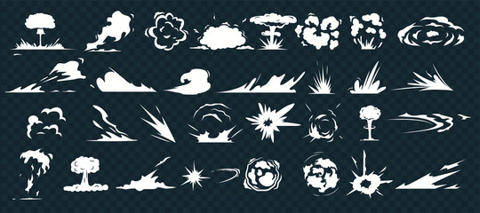 Explosion effect. Dust smoke cloud, cartoon war blast and motion speed sparks on isolate background. Comic energy explosion.  Bomb dynamites detonators. Smoke clouds, puff, mist, fog  effects template © ZinetroN