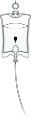 An intravenous IV drip fluid bag filled with clear liquid, a drip line and hook. Labeled with a lightbulb icon. Concept: idea, innovation injection.