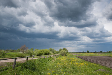 Fototapeta na wymiar Farm and plot of plowed and planted green field. Dark stormy sky. Bright sunshine.