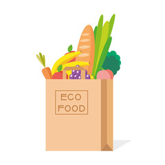 Paper bag with fresh food. Eco Food in a paper bag. Vector illustration.