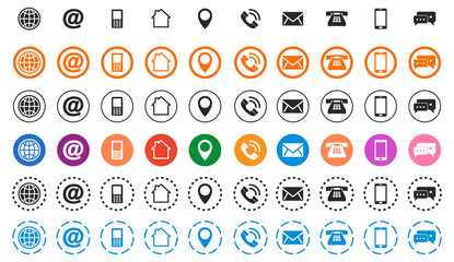 Contact us icons set. Vector illustration. Social media network icons in flat design. Communication icons isolated. Smartphone, mobile, location pin, globe, mail.