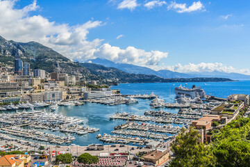 Panoramic view on excellent residential buildings and marina in Monte Carlo, Monaco. Principality...