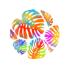 Fototapeta na wymiar abstract colorful vector palm tree leaves. Monstera leaves. Logo. T-shirt print . Hello summer. Mixed media. Vector illustration