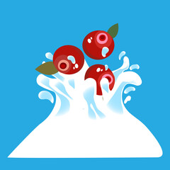 Splashes and falling, motion of a fluid, berries cranberries with a splash of juice and yogurt, drops and stains. Abstract vector illustrations