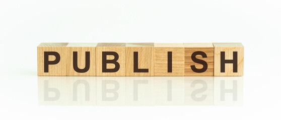Word PUBLISH on wooden blocks on white background