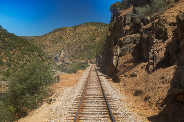 Train Railroad in The Valley of the River Douro, Portugal - Port Wine Vineyards Region with...