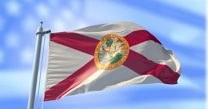 Florida flag on a flagpole on USA flag background waving in the wind in the sky. Wonderful intro for yor projects. State of Florida in The United States of America. Tallahassee. Jacksonville. Miami.