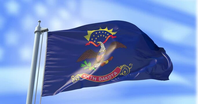 North Dakota flag on a flagpole on USA flag background waving in the wind in the sky. Wonderful intro for yor projects. State of North Dakota in The United States of America. Bismarck. Fargo.
