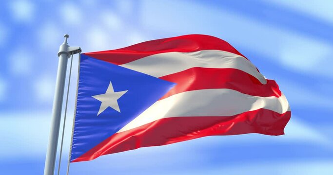 Puerto Rico flag on a flagpole on USA flag background waving in the wind in the sky. Wonderful intro for yor projects. The Commonwealth of Puerto Rico. in The United States of America.