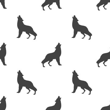 Gray silhouette wolf isolated seamless pattern on white background. Vector