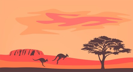 Australian landscape with kangaroo and acacia