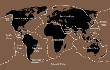 Tectonic plate earth map. Continental ocean pacific, volcano lithosphere geography plates