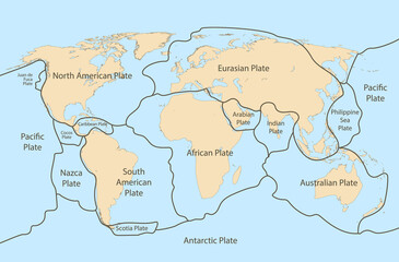 Tectonic plate earth map. Continental ocean pacific, volcano lithosphere geography plates