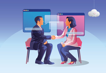 Businessmen use Video conference landing. People on window screen taking with colleagues. Videoconferencing and online meeting workspace page, man and woman learning. Vector illustration, Flat