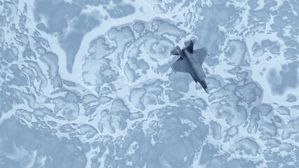 Strike Fighter Jet Aircraft High Altitude Above Frozen Glacier Snowy Frozen Tundra 3d illustration 3d render