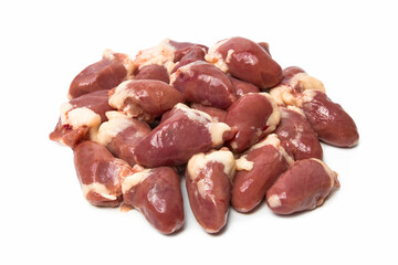 Raw chicken hearts isolated on white, close-up