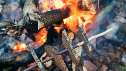 Fire baked bread. Cooking toasts on the grill. A slices of bread is fried on a grill on the defocused bonfire background. Space for text.